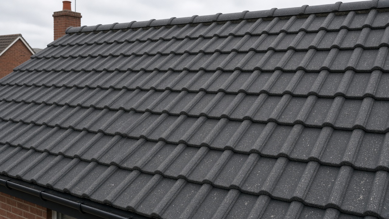 Dark grey interlocking concrete roof tiles